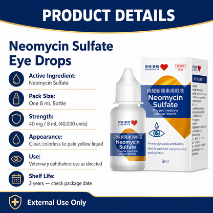 ShenYa neomycin sulfate eye drops product details and 8 mL bottle